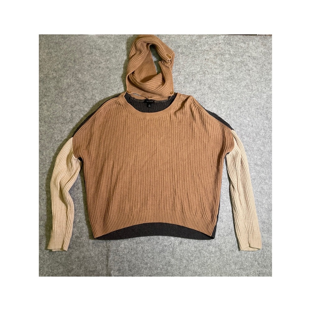 The Limited Colorblock Ribbed Knit Sweater Detachable Cowl Neck Brown Gray M